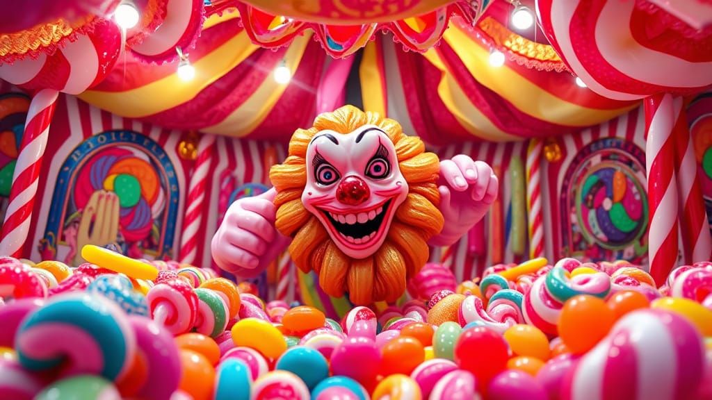 Psychedelic Candy Land Funhouse in Vibrant Gouache Swirls