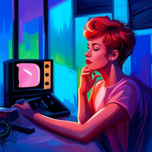 Redhead Girl Plays 80s Video Games in Retrowave Style
