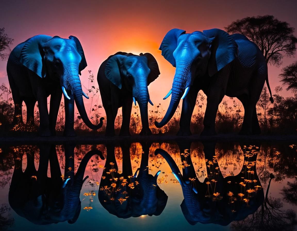 Sunset Elephants Double Exposure Bioluminescent Fantasy