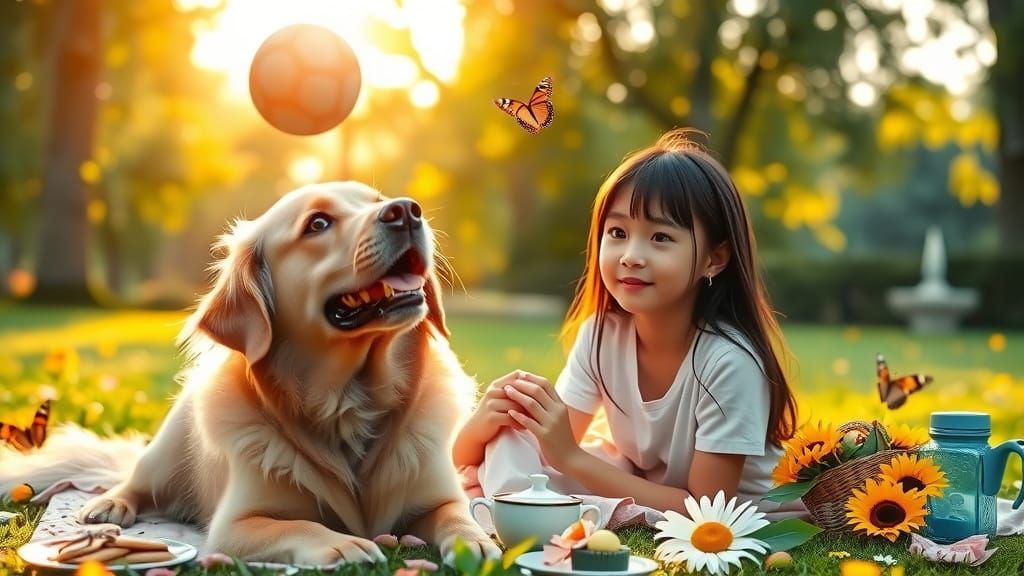 Young Asian Girl Plays with Dog in Serene Park