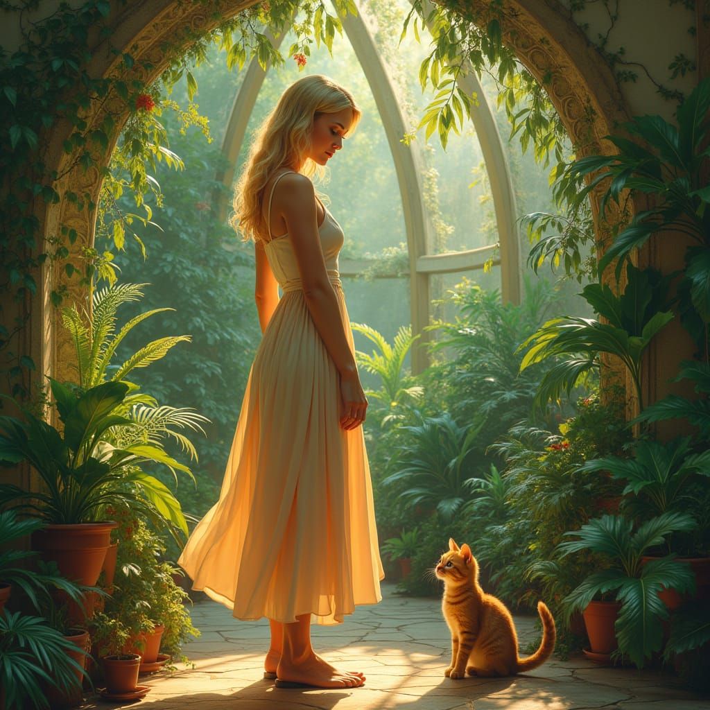 Woman and Kitty in Lush Art Nouveau Garden