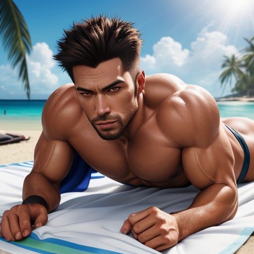 Muscular Men Relaxing on Beach in Digital Art