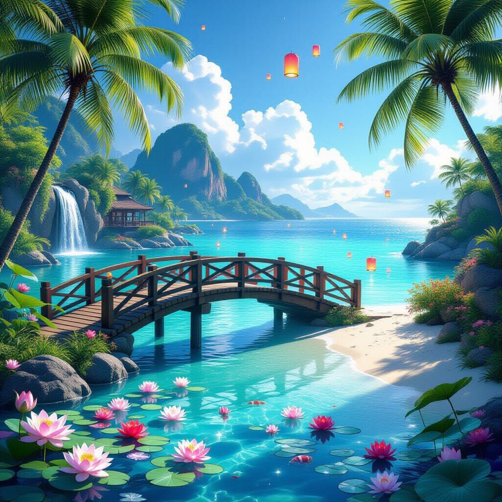 Magical Tropical Paradise with Japanese Bridge & Bioluminesc...