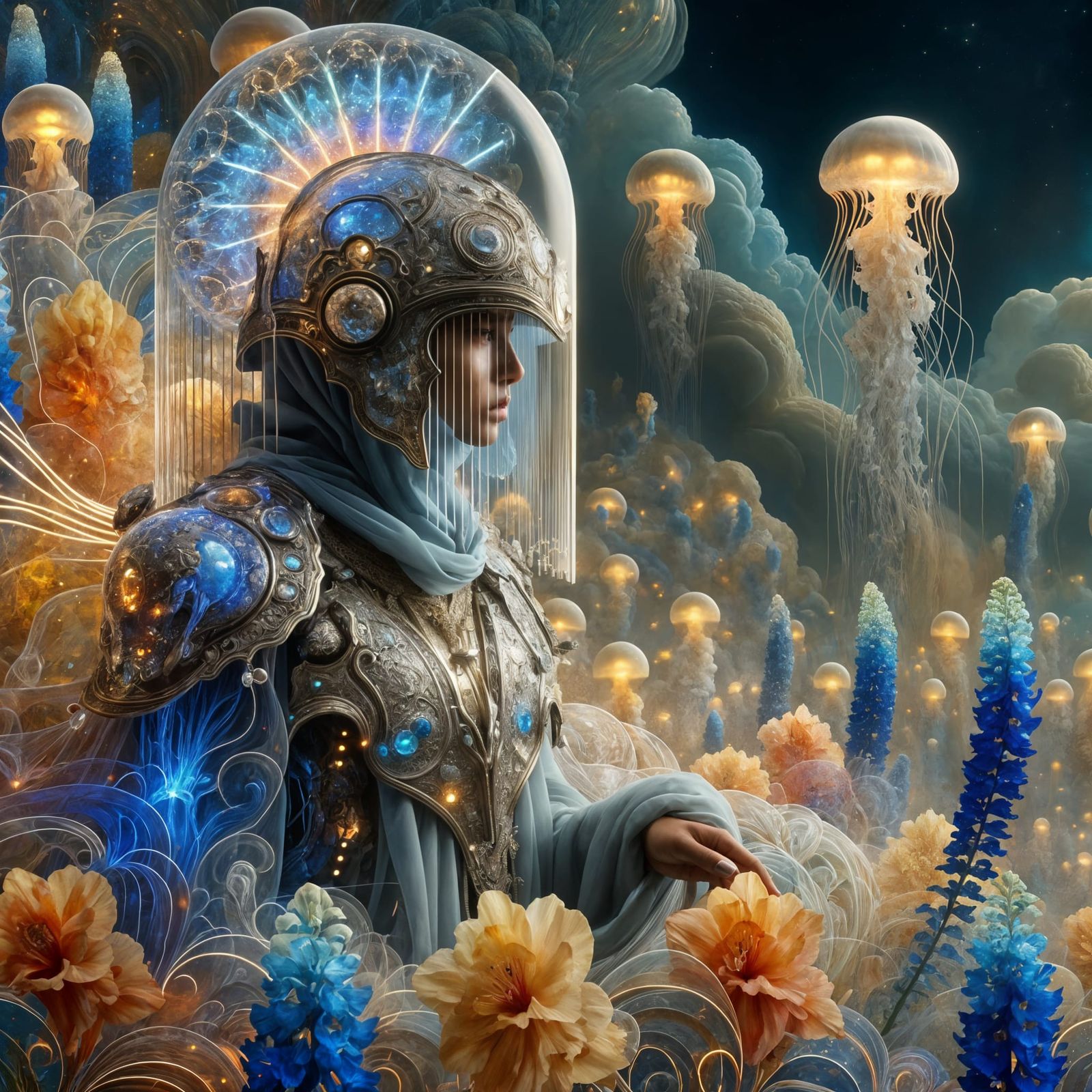 Woman in Glass Armor with Flowers and Jellyfish
