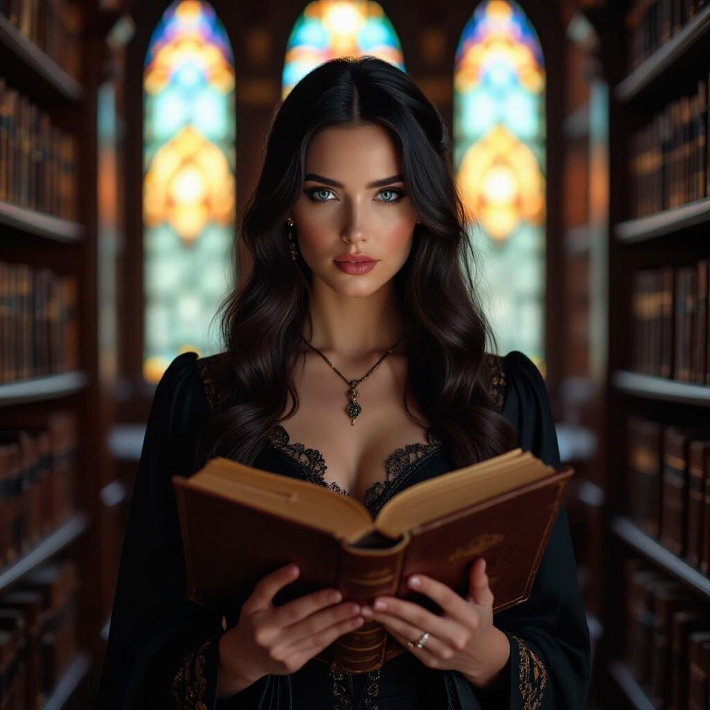 Mysterious Woman in Grand Library, Cinematic Still