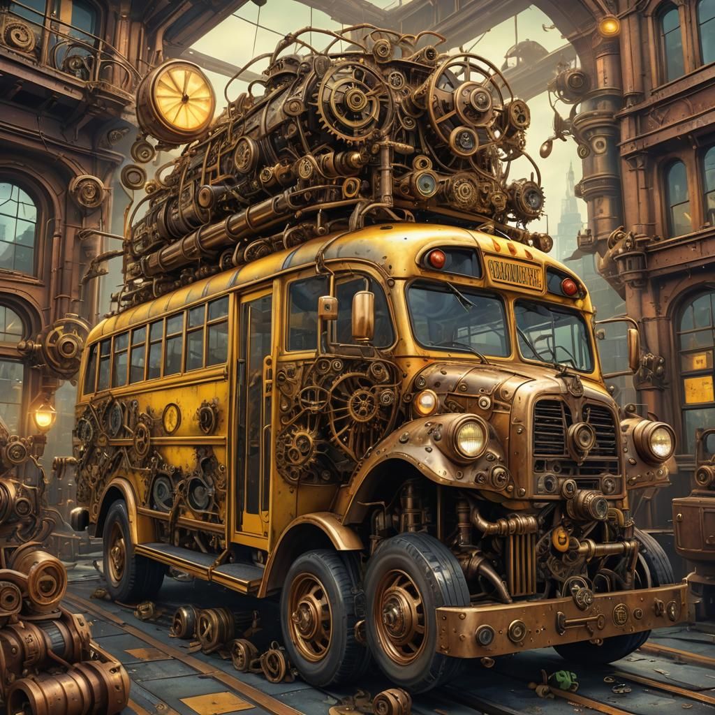 Steampunk Alien School Bus in Cosmic Digital Art