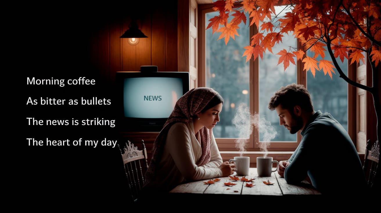 Morning Coffee Poem with Palestinian Couple in Autumn Light