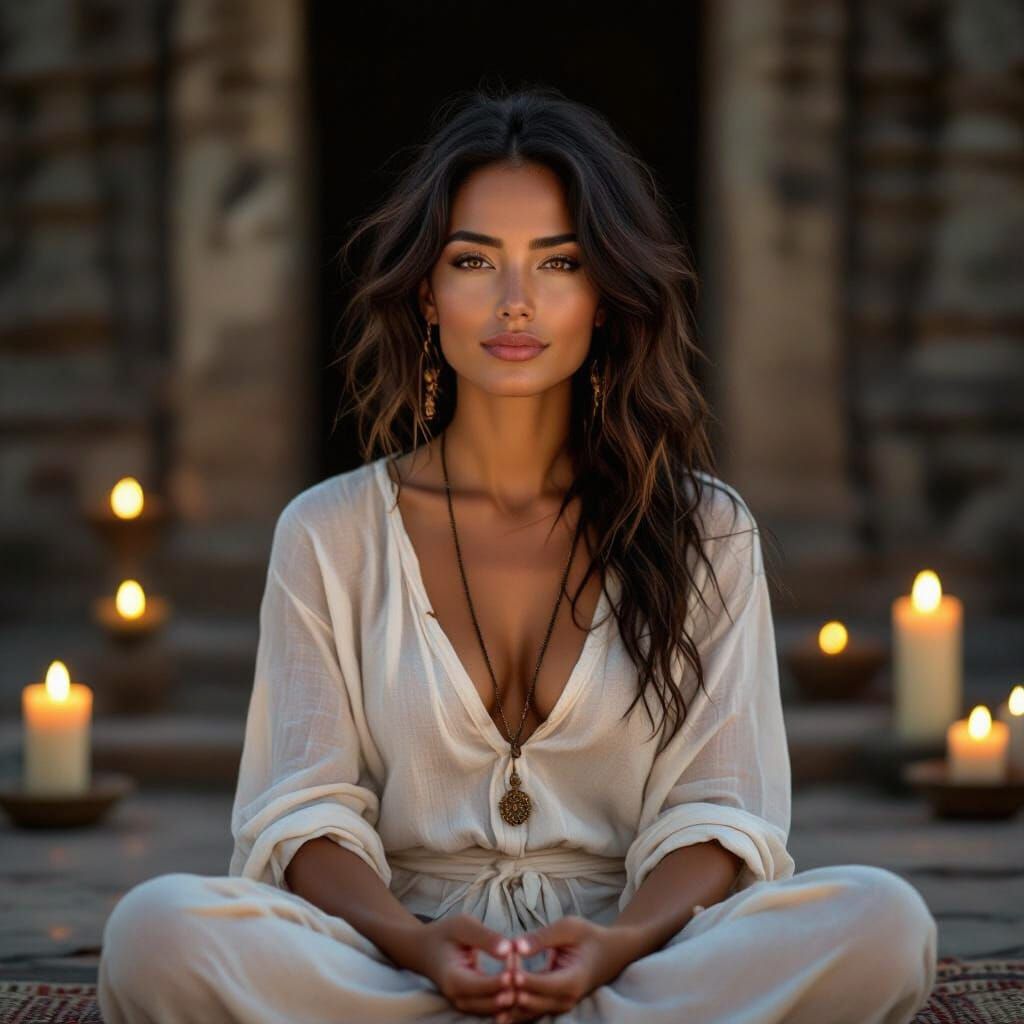 Serene Woman Meditating at Ancient Temple