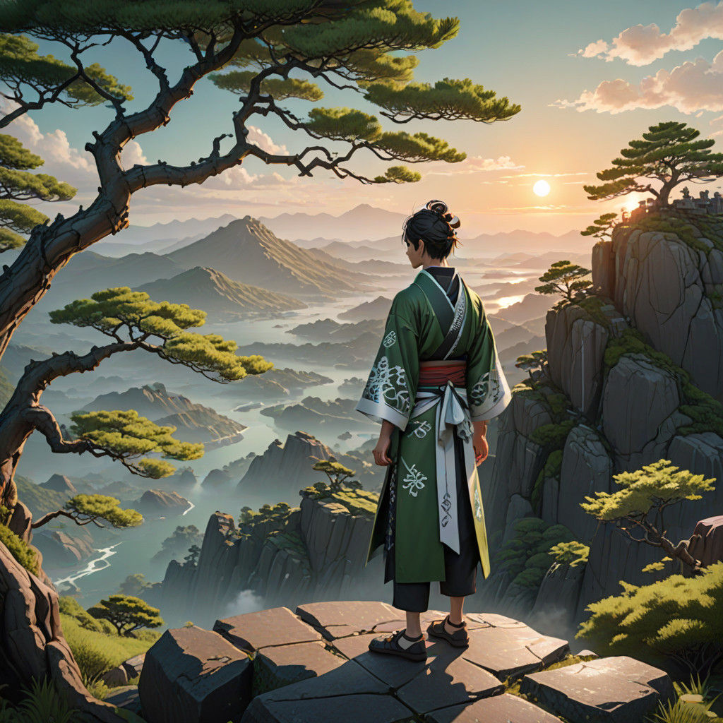 Young Man Amidst Basalt Landscape with Twisted Pine and Suns...