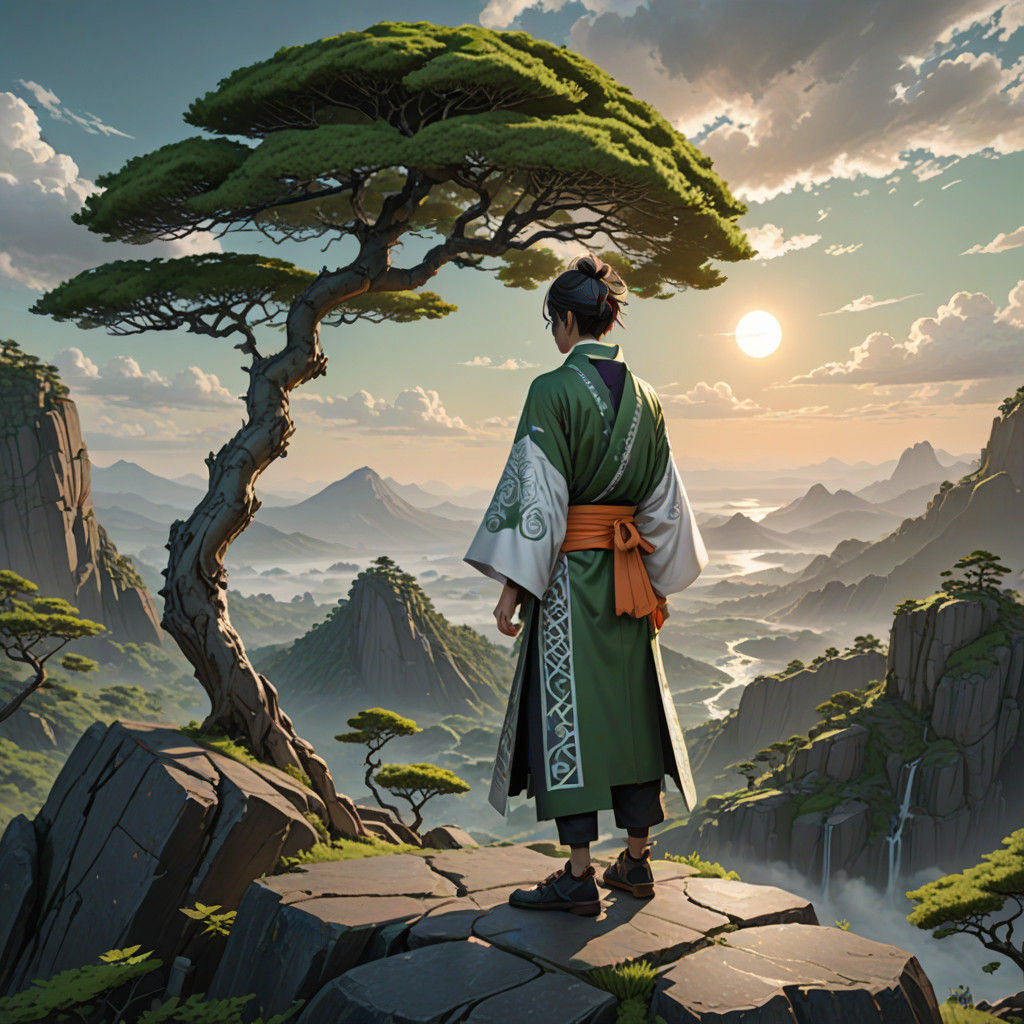 Young Anime Warrior Stands on Basalt Promontory with Majesti...