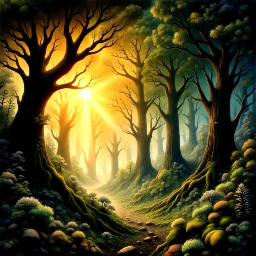 Misty Sunrise in an Ancient Forest