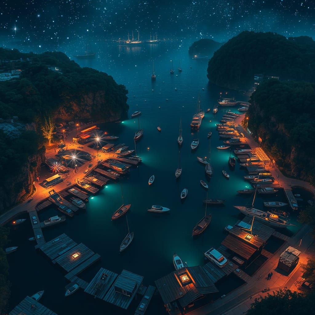Fantasy Starlit Harbour with Boats and Festival Landscape