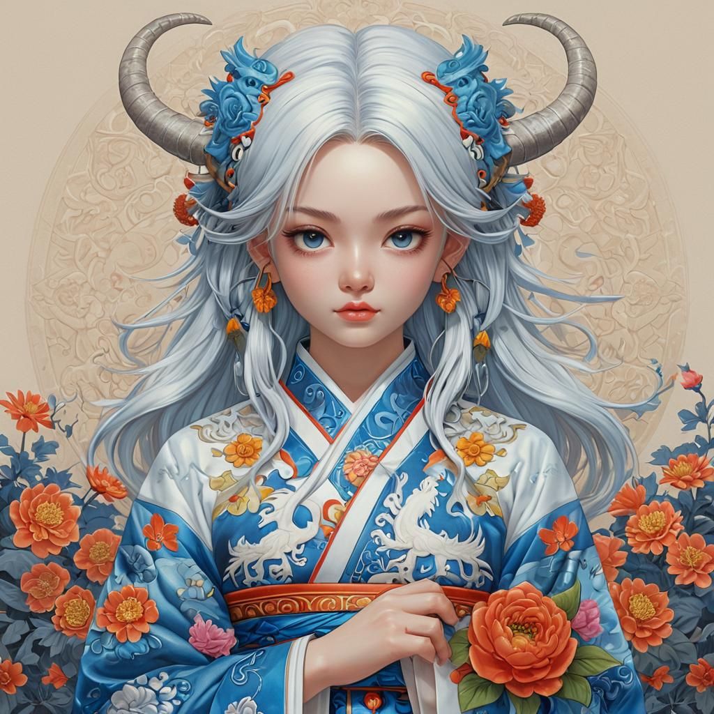 Cute Girl with Dragon Horns in Akira Toriyama Style