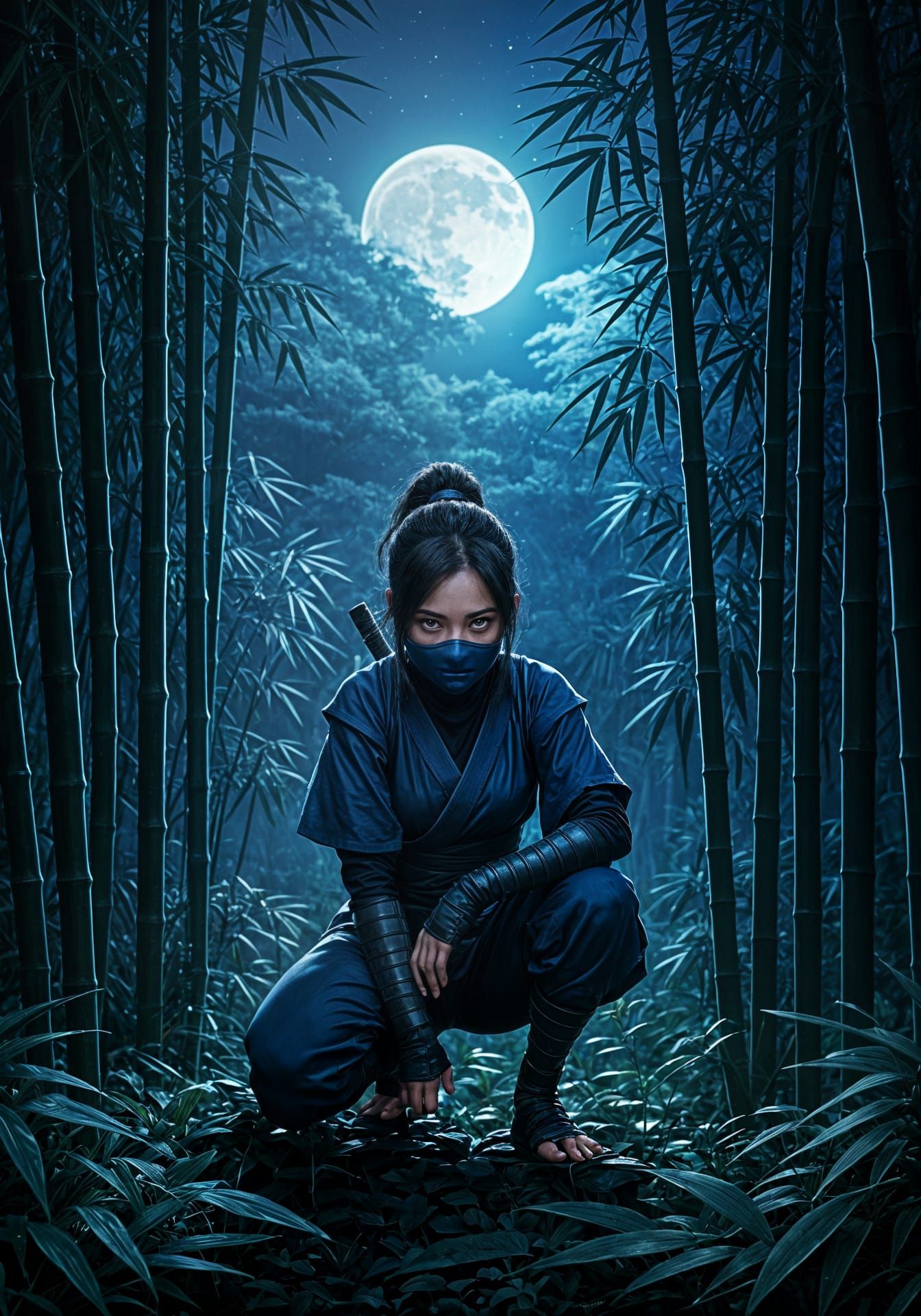 Moonlit Ninja Girl in a Bamboo Forest