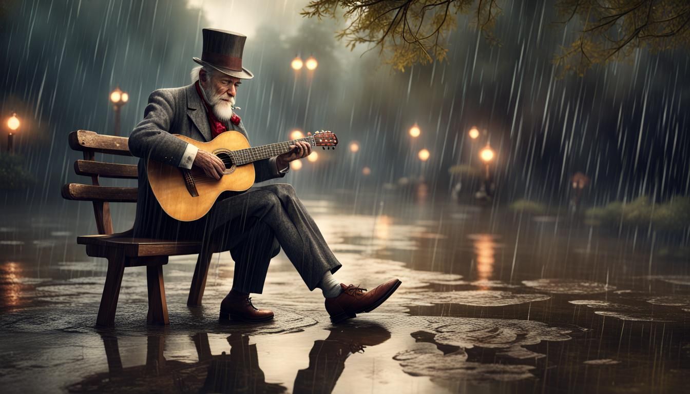 Old Man Playing Guitar in Rain, Fantasy Concept Art