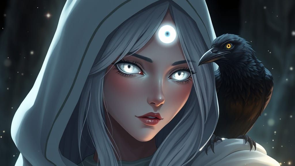 Enchantress with Glowing Third Eye and Crow
