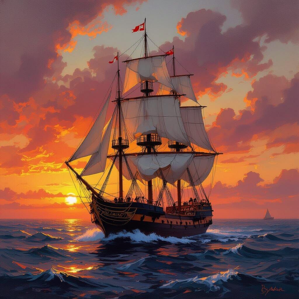 Royal French Ship Sailing at Dramatic Sunset Oil Painting