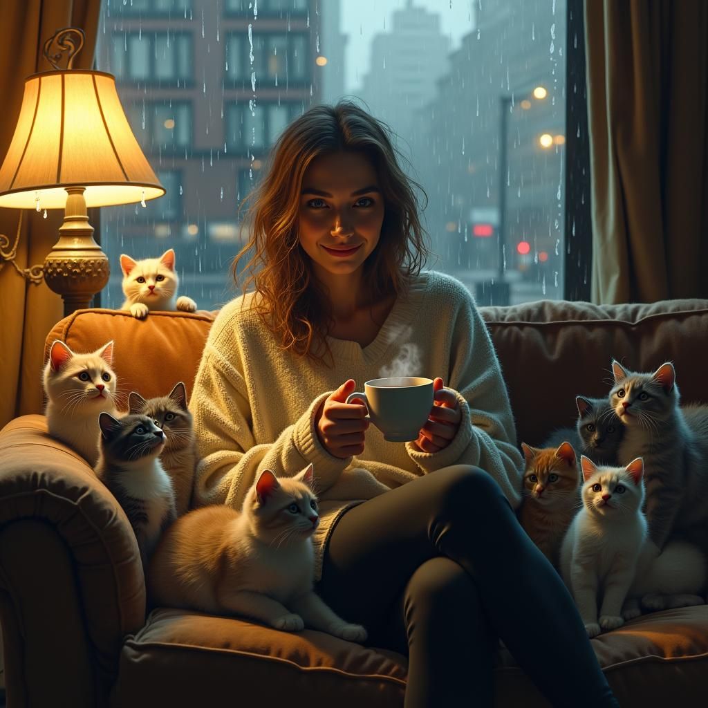 Woman Surrounded by Cats in Impressionist Style