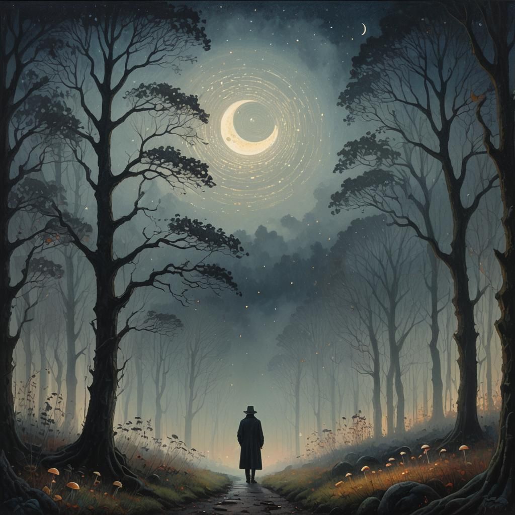 Misty Forest Figure in Pointillist Oil Painting Style