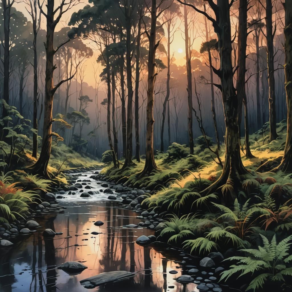 Sunset Over New Zealand Forest in Watercolor Style