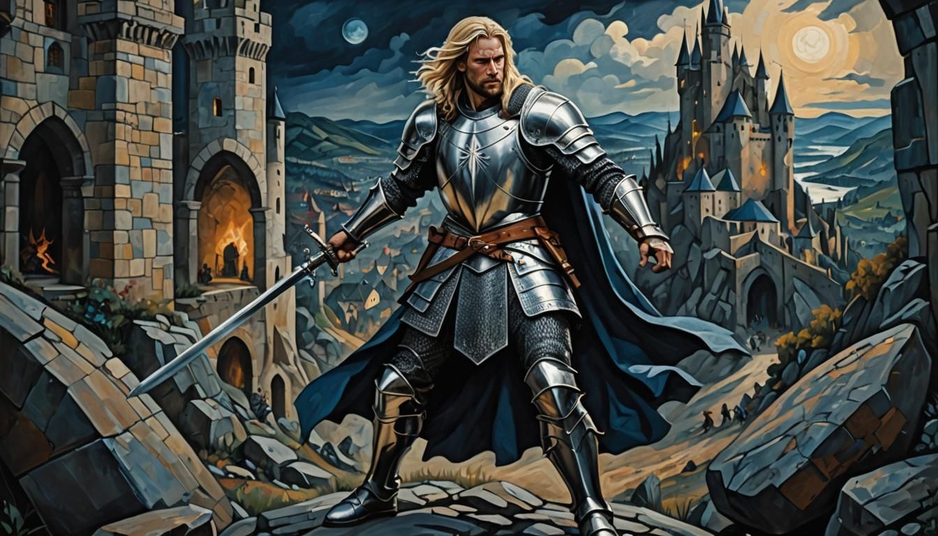 Medieval Knight Defending Pass in Cubist Style