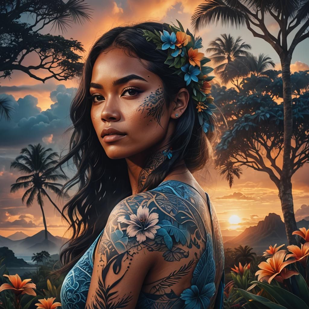 Polynesian Girl with Tattoo Art at Sunset