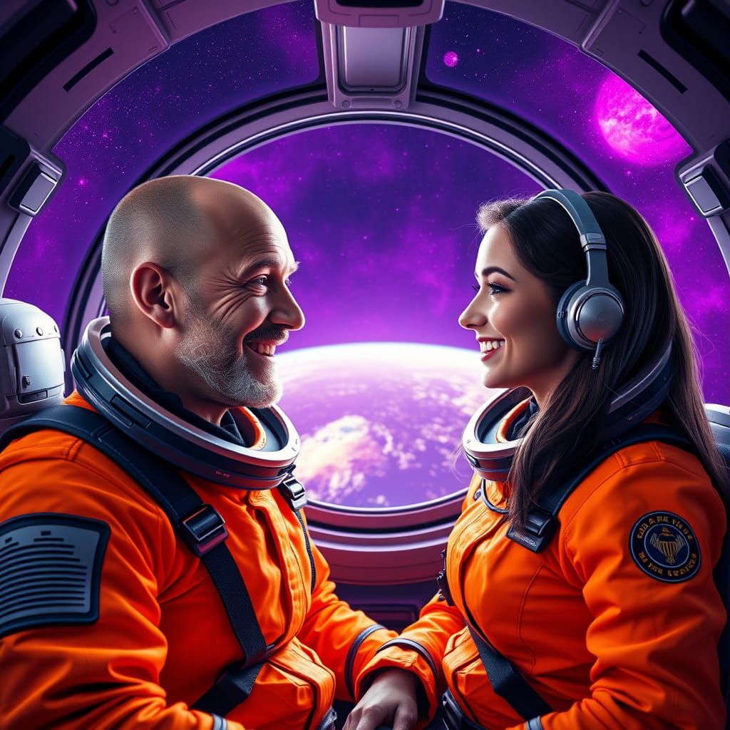 Astronauts in Vibrant Orange Spacesuits Smiling in Space