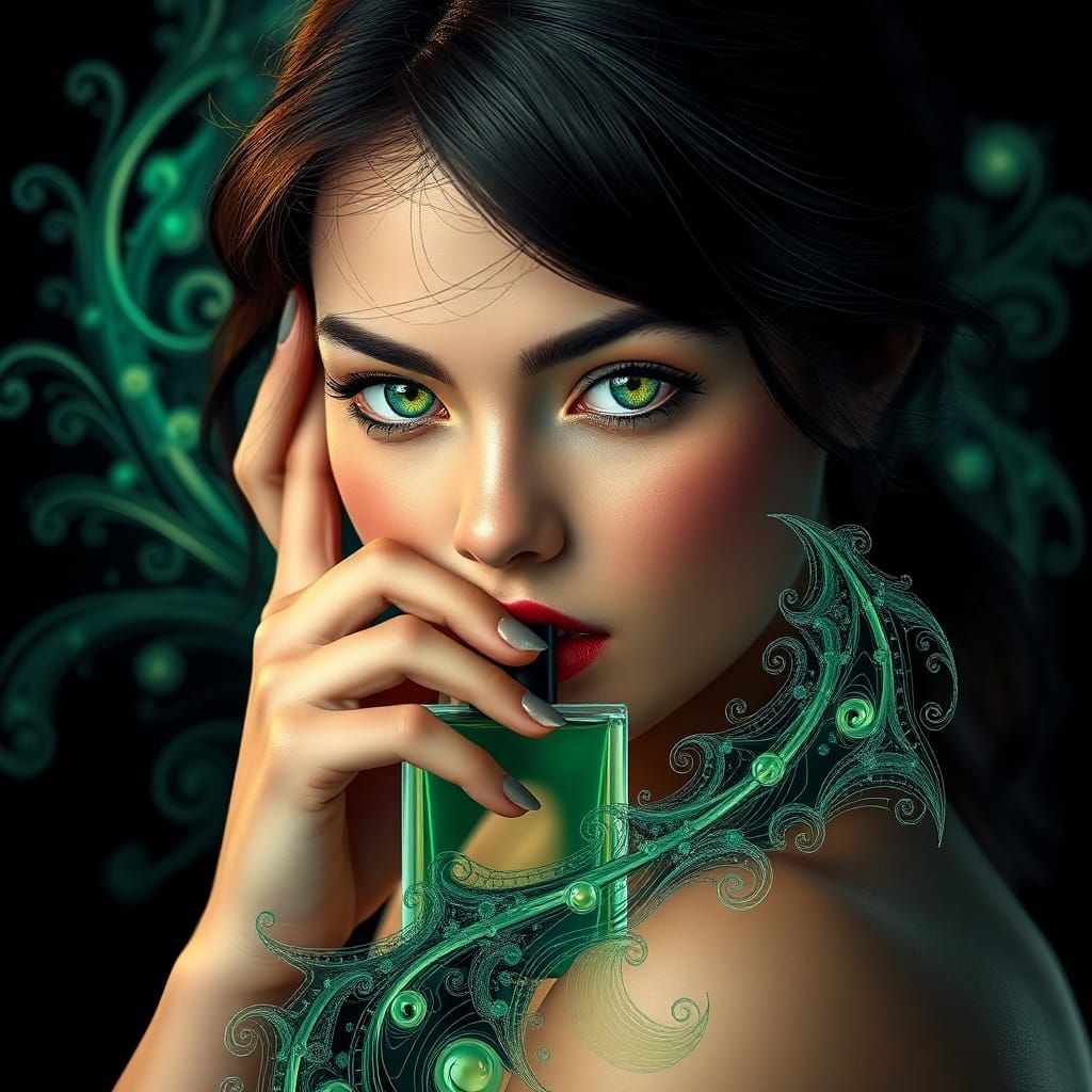 Green-Eyed Model Advertising Perfume in 4K