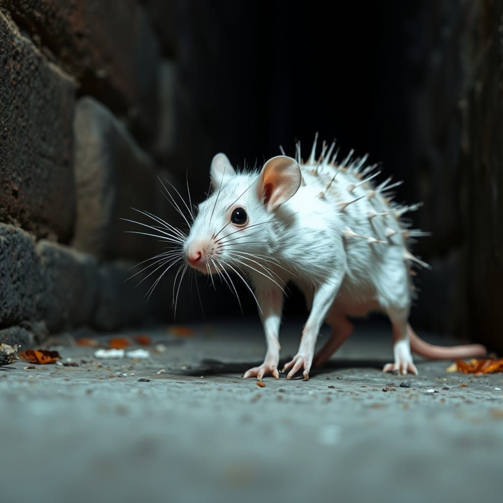 Skinny looking rat ran away from a secret lab, white rat, cunning face  , small figire, dark atmosphere