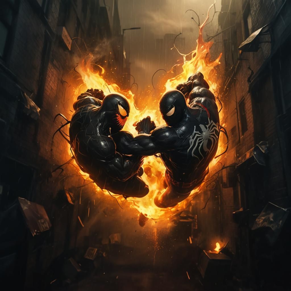 Spider-Man and Venom Fight in Comic Book Style