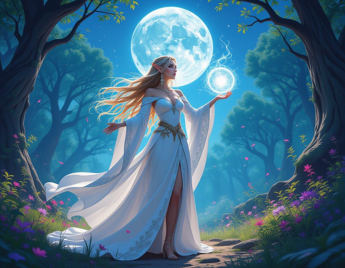 Elf Sorceress Conjures Power in Ethereal Forest