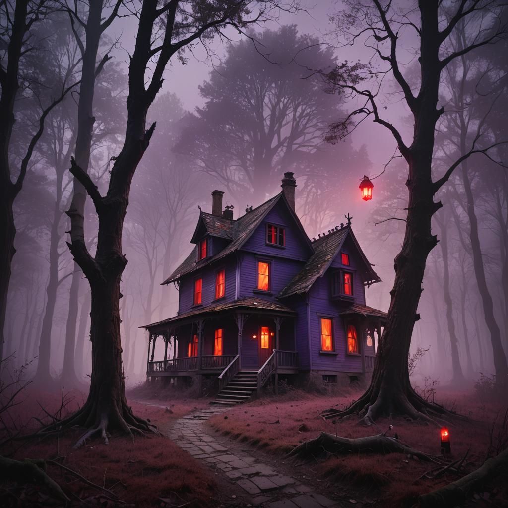 Eerie Ghostly House in Misty Dark Fantasy Forest