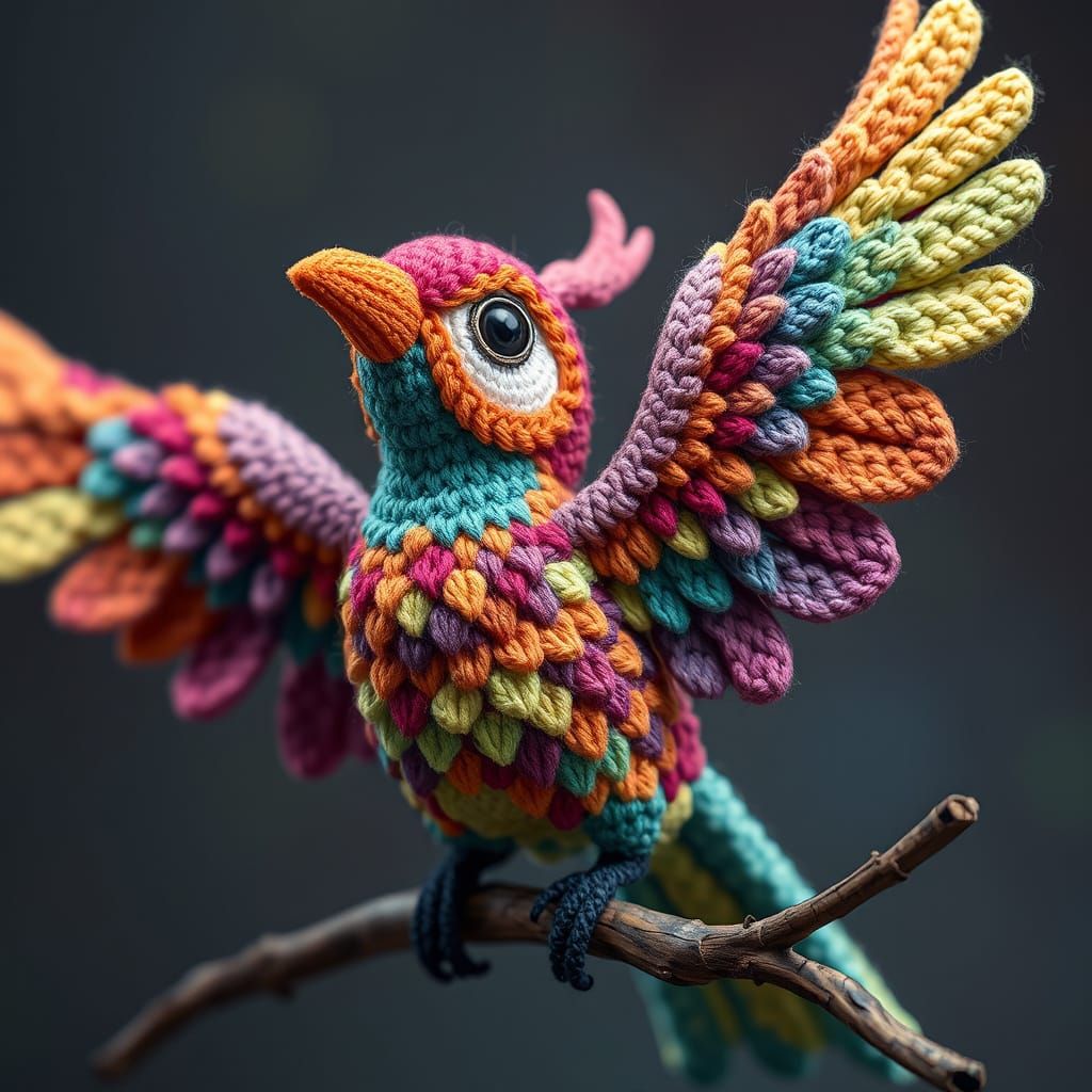 Colorful Crocheted Bird in Dreamy Fantasy Art