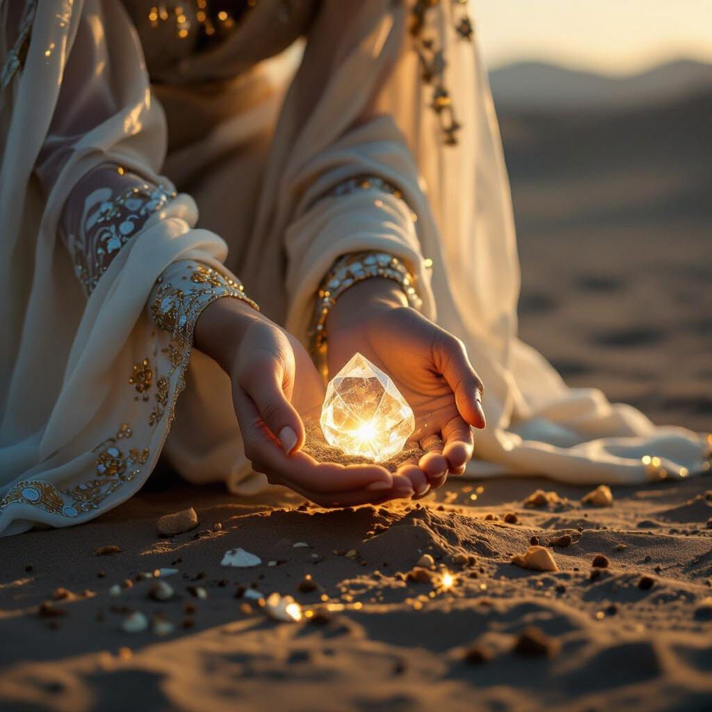 Crystal Encased in Dirt Held in Hand with Light Beam