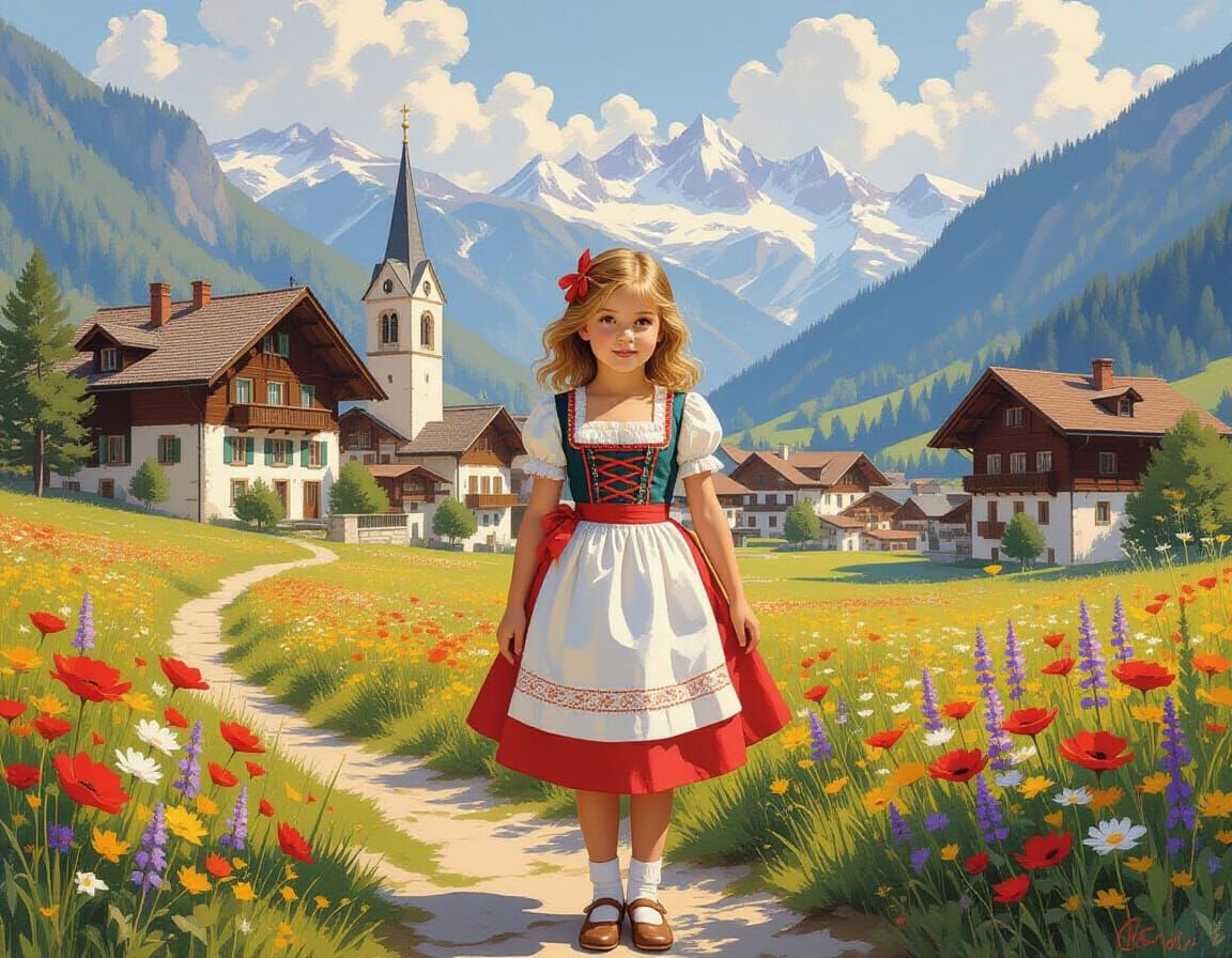 Girl in Dirndl in Alpine Village: Storybook Style