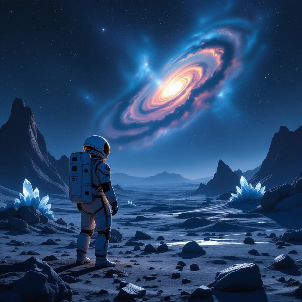 Astronaut on Alien Planet Gazing at Cosmic Nebula