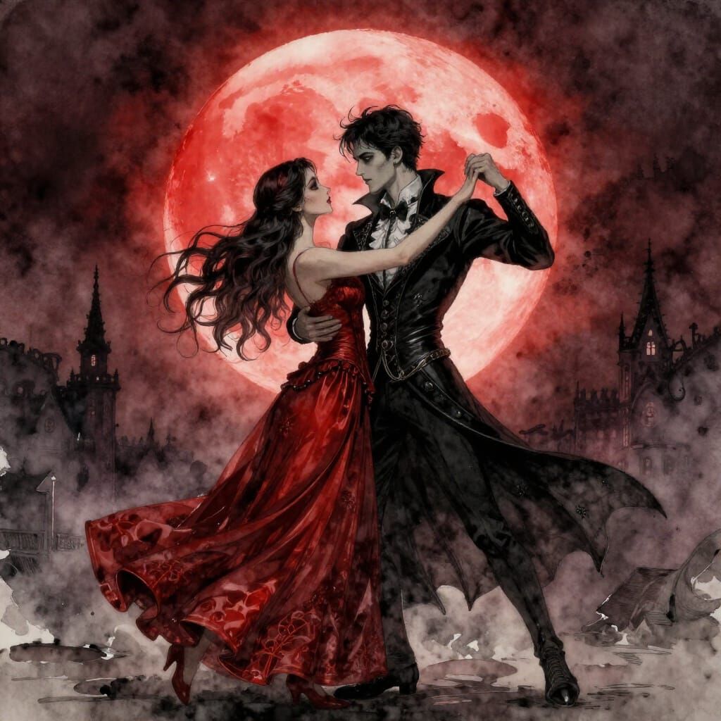 Gothic Couple Dancing in Red Moonlight Watercolor