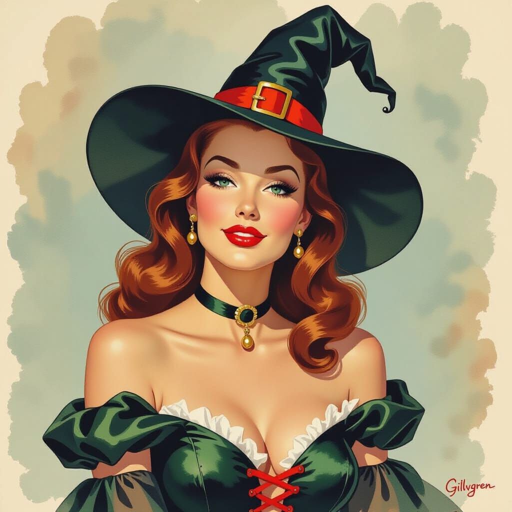 Retro Witch Halloween Watercolor by Gil Elvgren Style