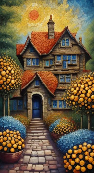 Surreal Witch House with Sunflower Garden at Sunset