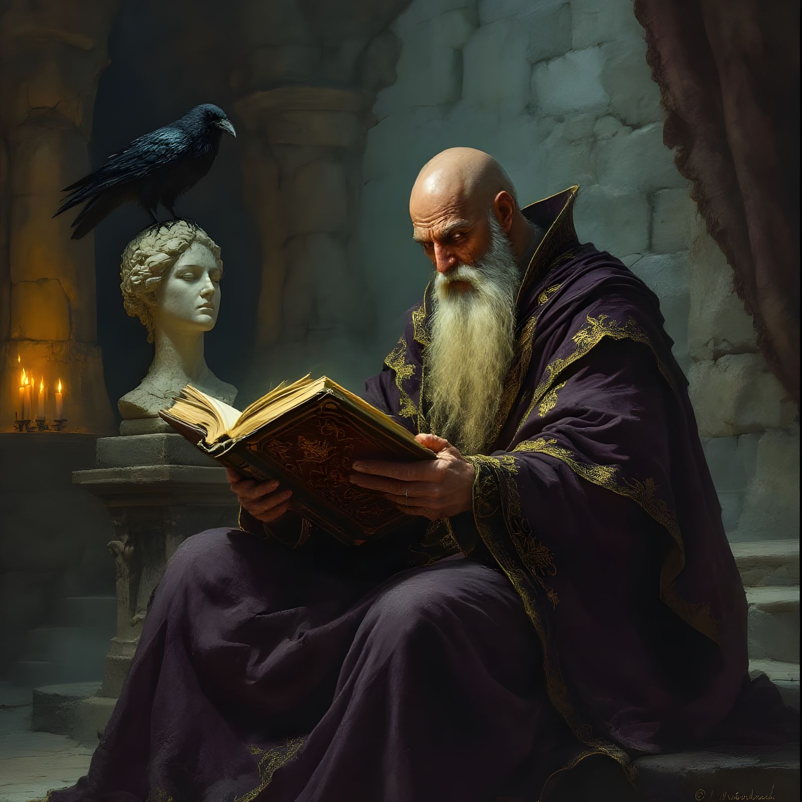 Mage Chanting Incantations in Dark Chamber