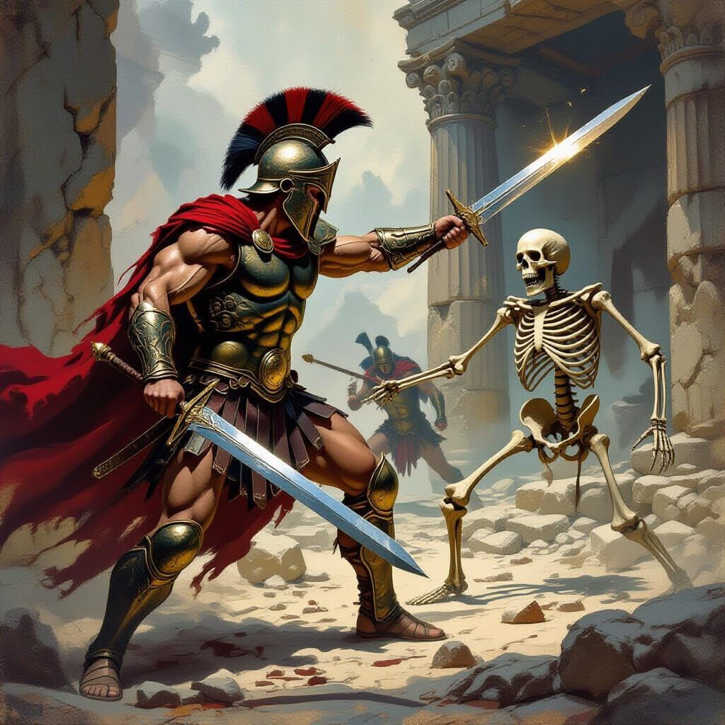 Heroic Battle in Ancient Ruins, Fantasy Art Style