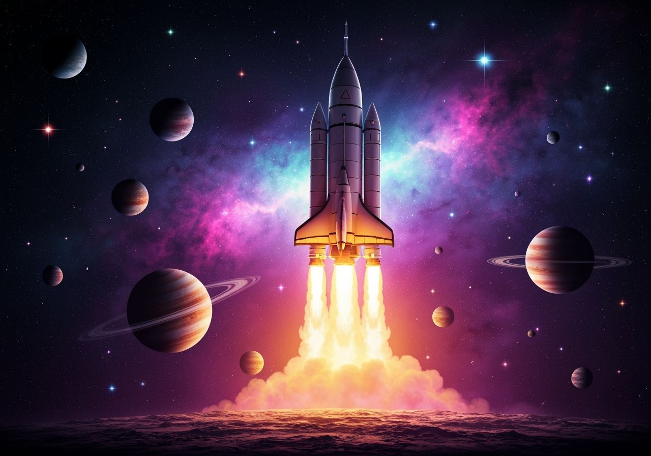 Rocket Launches in Astral Cosmic Illustration Style