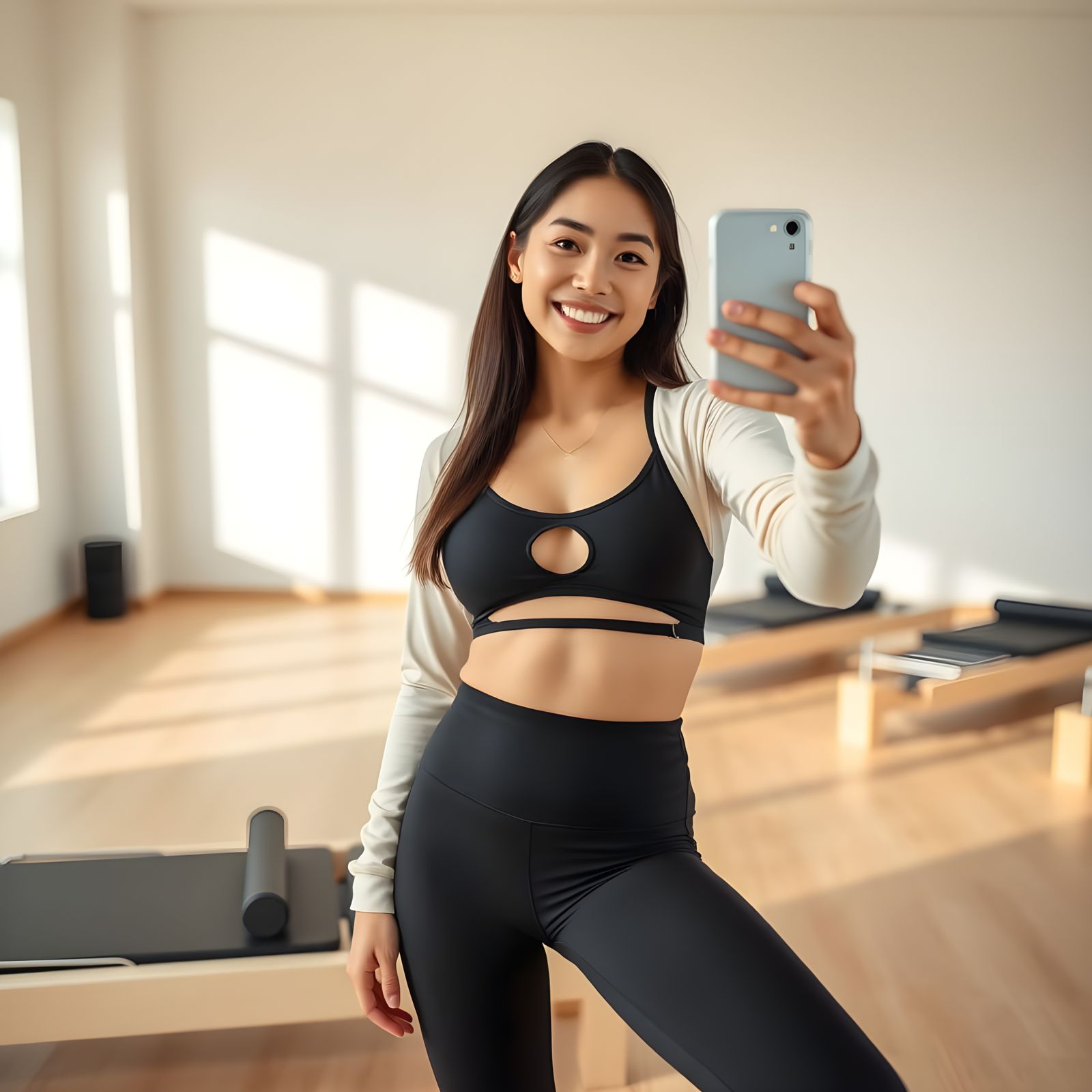 Confident Woman Self Portrait in Modern Fitness Studio