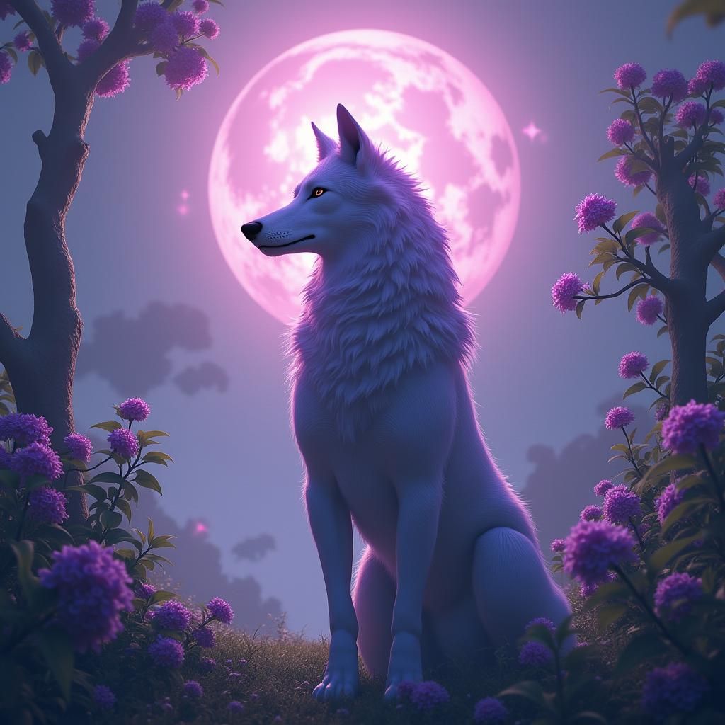 Mystical Wolf-Human Hybrid with Purple Sky Flowers