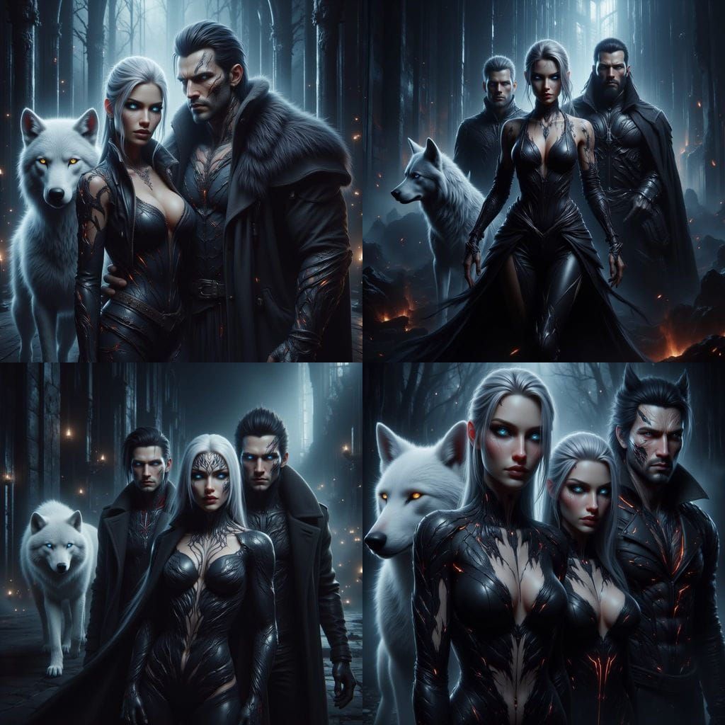 Dark Fantasy Cinematic Scene with Warrior Woman and Wolves