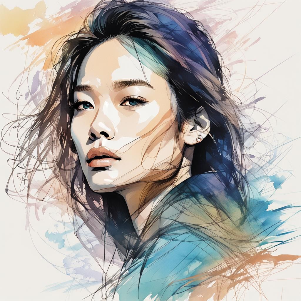 Shu Qi Portrait in Minimalist Line Art Style