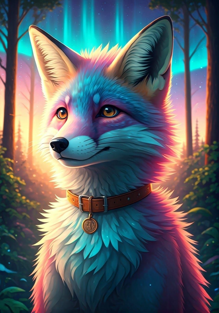 Pastel Fox in Aurora Forest, Digital Painting