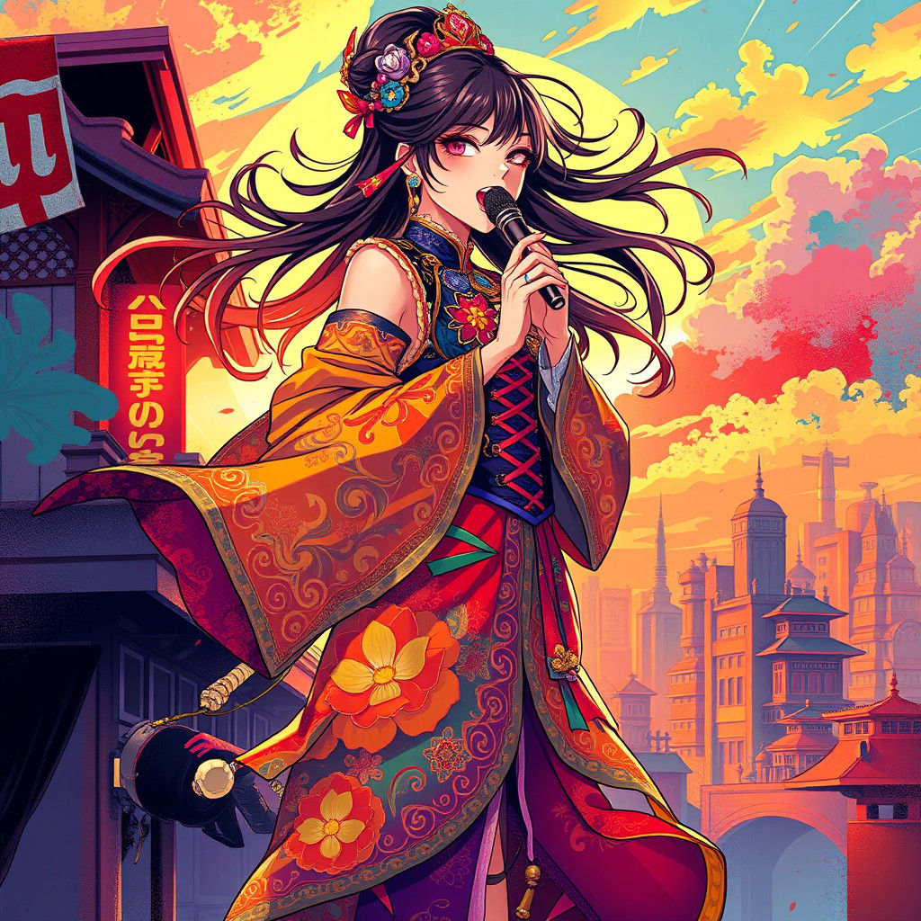 Anime Singer in Japanese Cityscape at Sunset
