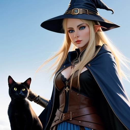 High Elf Witch with Black Cat in D&D Style