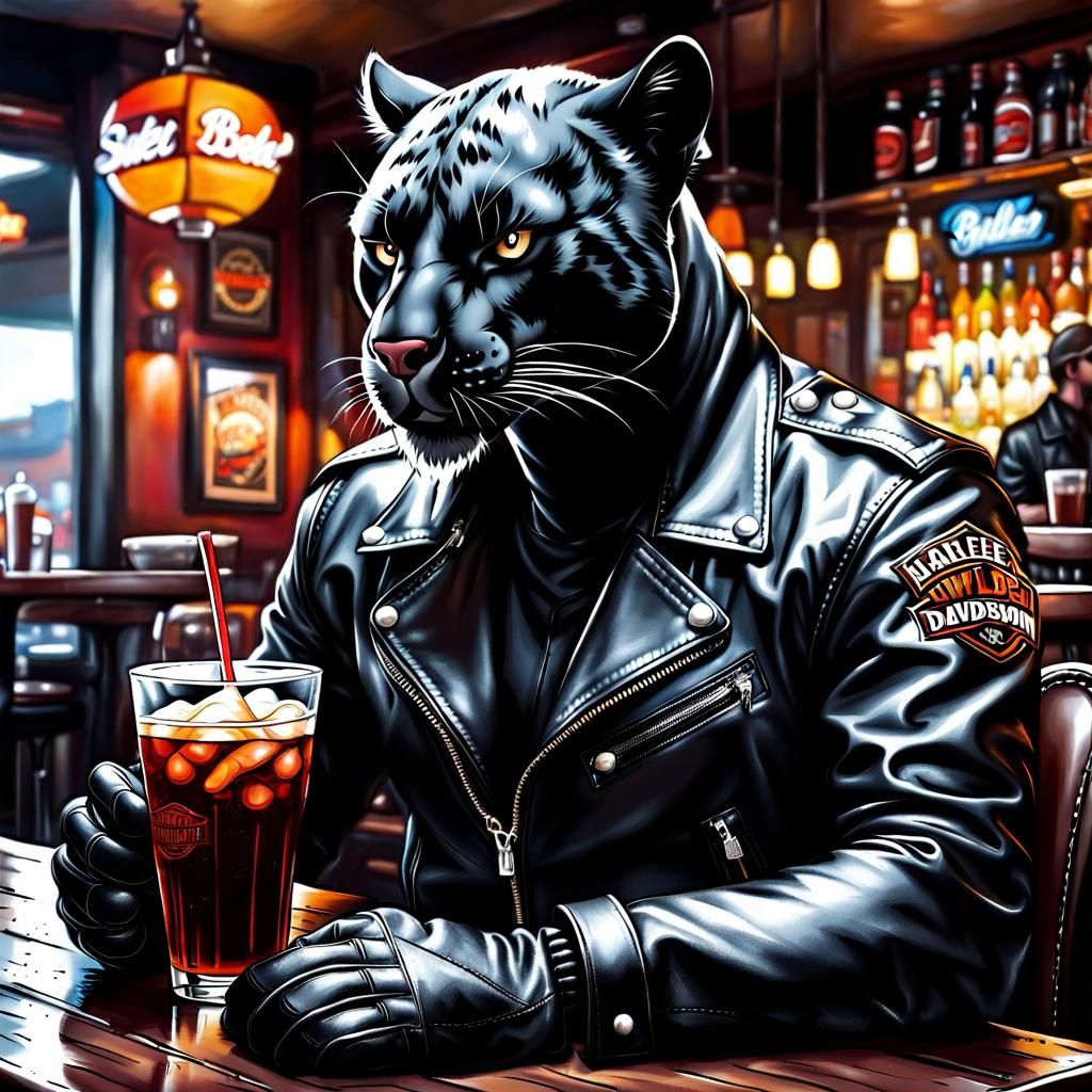 Anthropomorphic Biker Panther in Ink Pen Drawing